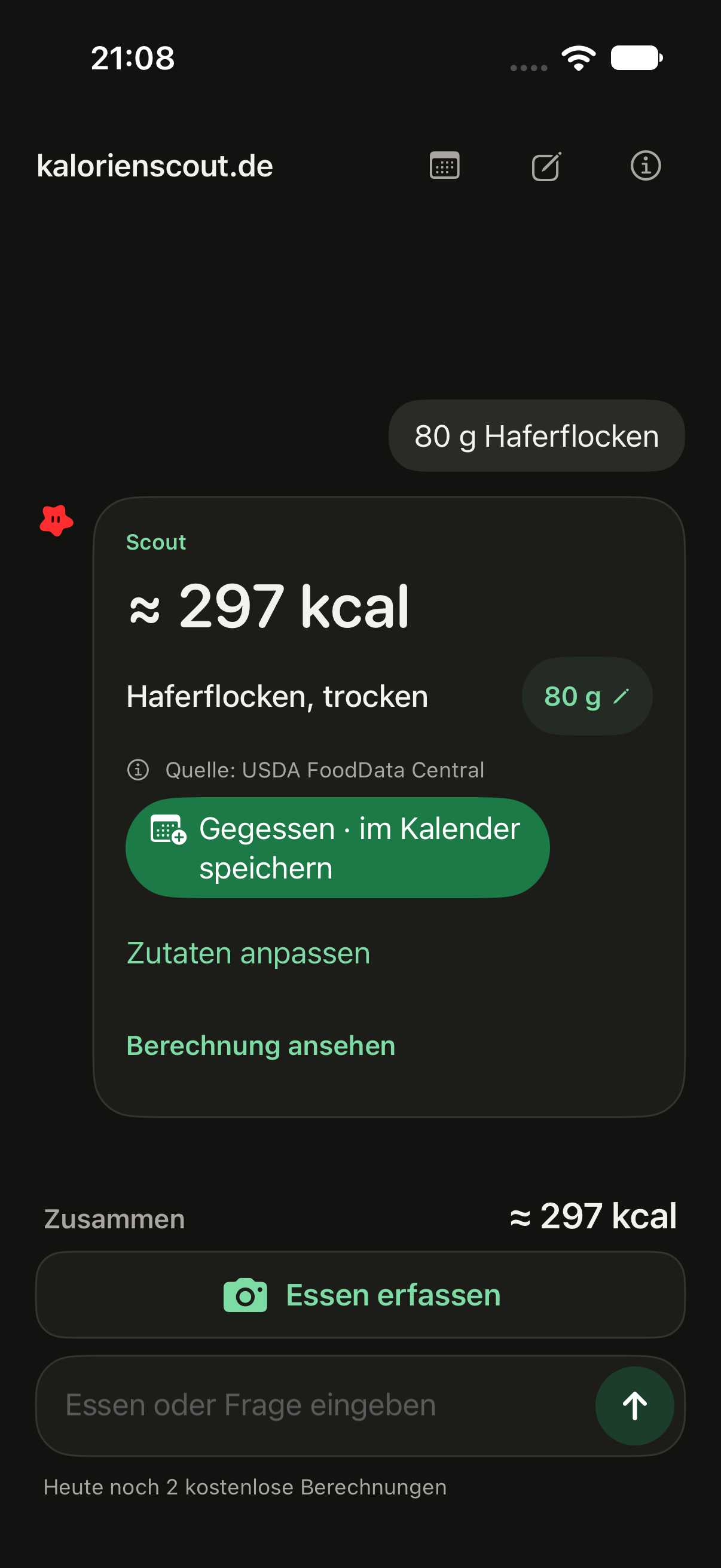 Kalorienscout zeigt eine Schätzung von 297 kcal für 80 Gramm Haferflocken mit anpassbarer Portion