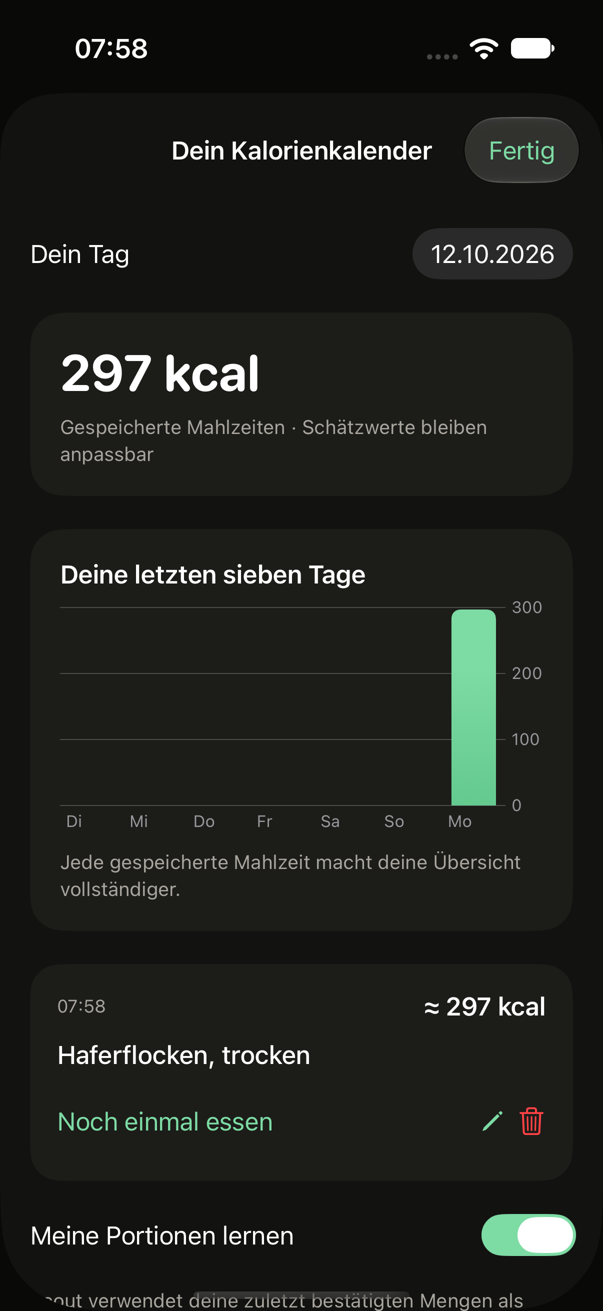 Kalorienkalender mit gespeicherter Mahlzeit und Diagramm der letzten sieben Tage