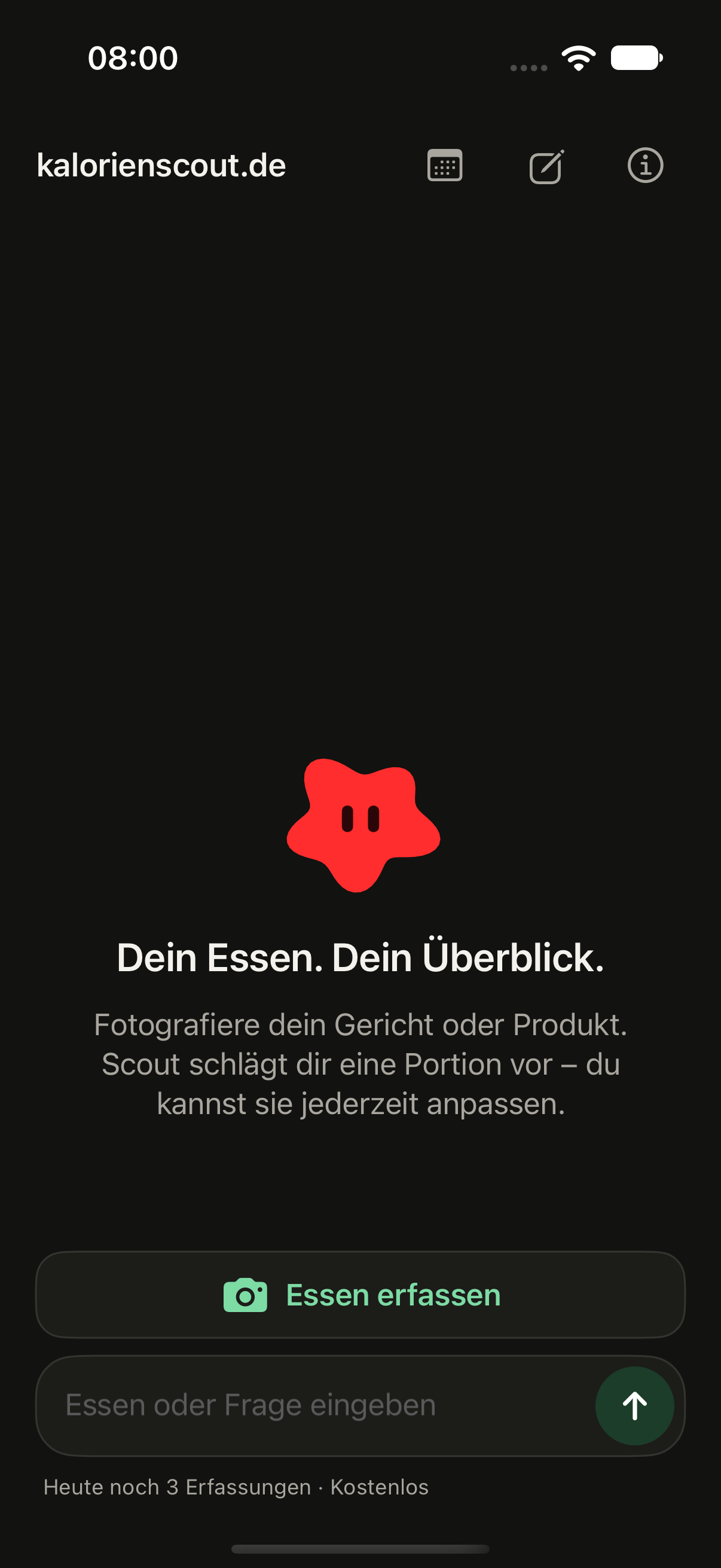 Startansicht mit rotem Scout und der Schaltfläche Essen erfassen